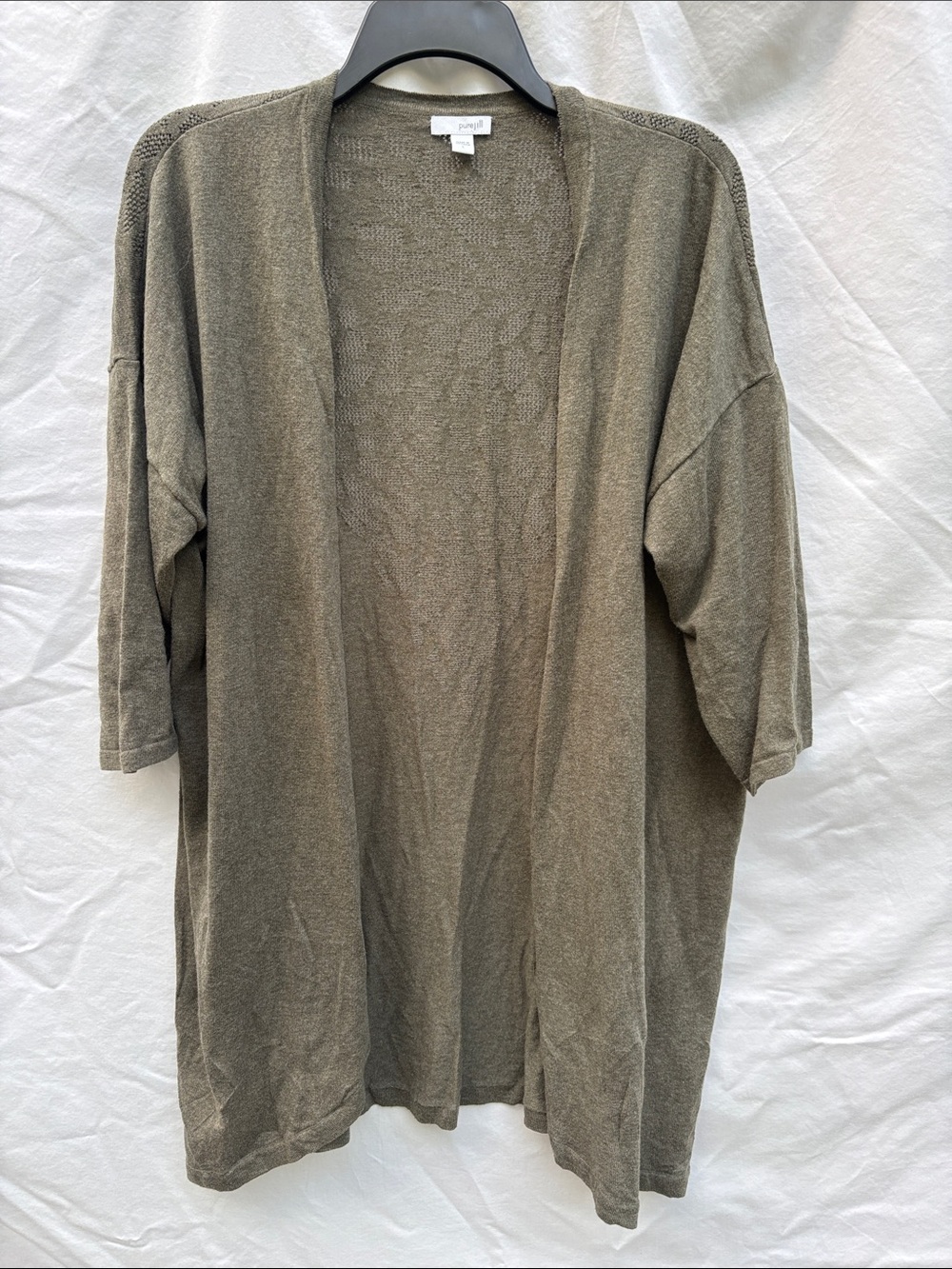 Pure Jill Lightweight Open Cardigan in Olive Taupe